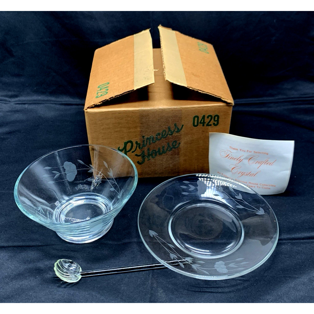 Princess House Crystal Serving Condiment Bowl Dish Saucer Spoon 3Pc Set Vtg 0429